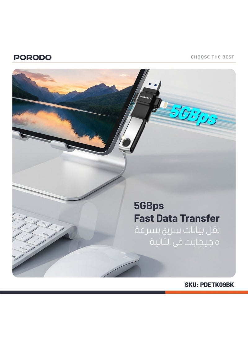 porodo 4-in-1 OTG Adapter & TF Card Reader /USB 3.0 / Lightning/ Type-C/USB 2.0/ Fast Data Transfer / Plug & Play / Multi-Interface OTG Adapter for Work, Travel, or Everyday Use - Black - Image 4